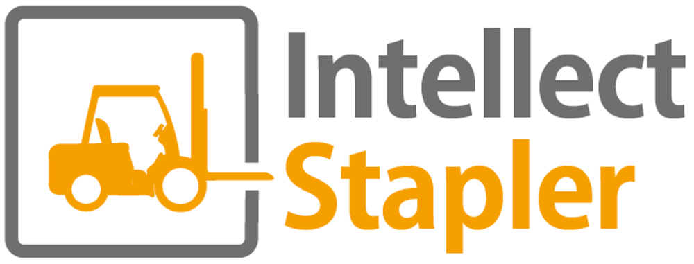 Logo mit gelbem Gabelstapler-Symbol in grauem Quadrat und Text „Intellect Stapler“.