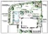 Handgezeichneter Gartenplan mit Pool, Terrasse, Rasenflächen und Bepflanzungsdetails in der Draufsicht.