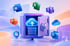 Geöffneter Tresor mit leuchtendem Cloud-Symbol und Servern, umgeben von Microsoft 365 Icons wie Word, Excel und Teams.