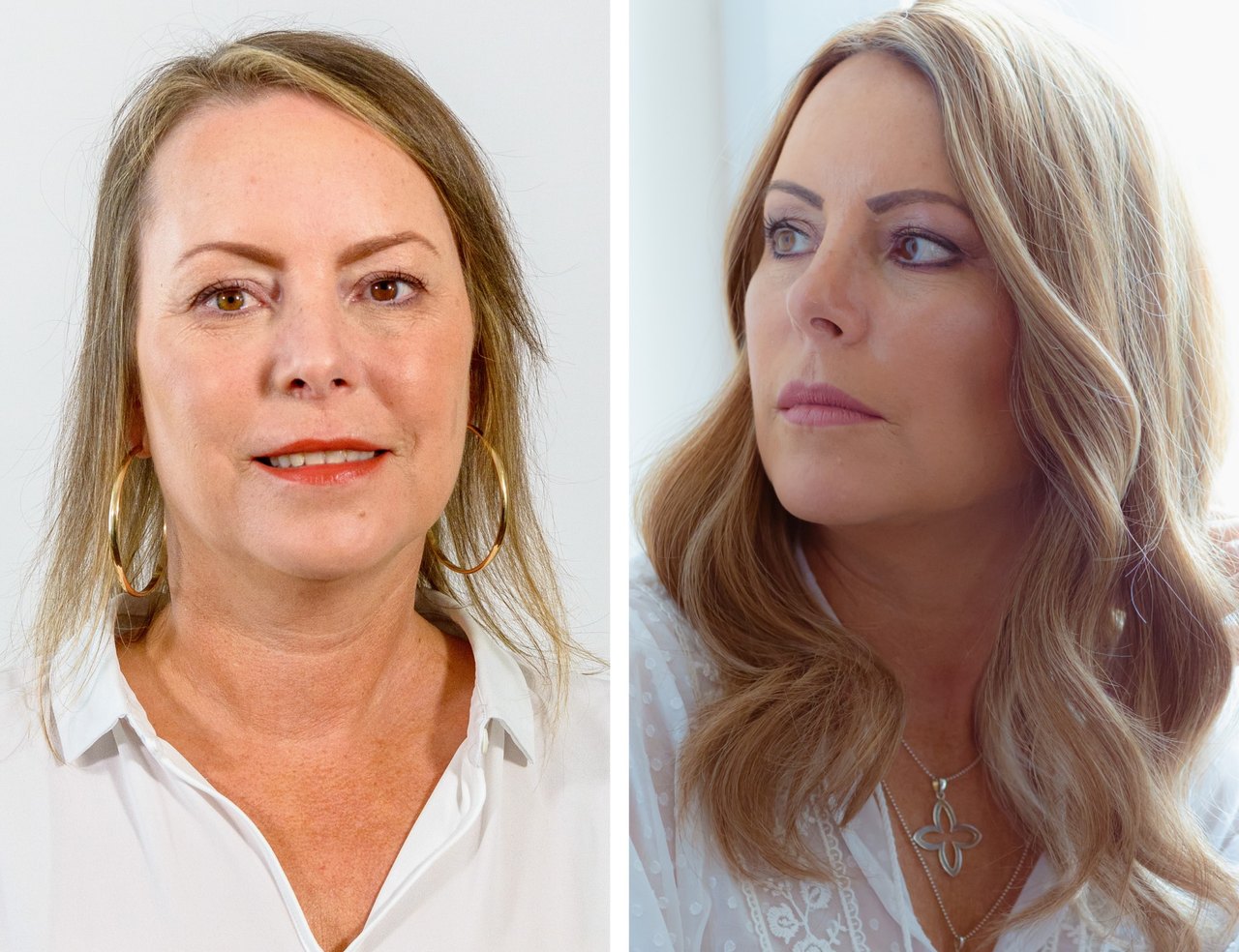 Zwei Fotos einer Frau – vor und nach einer Haartransformation mit blondem Haar