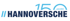 Jubiläumslogo der Hannoversche Versicherung mit dem Text „150 Jahre Hannoversche“ in Blau und Dunkelblau auf weißem Grund.