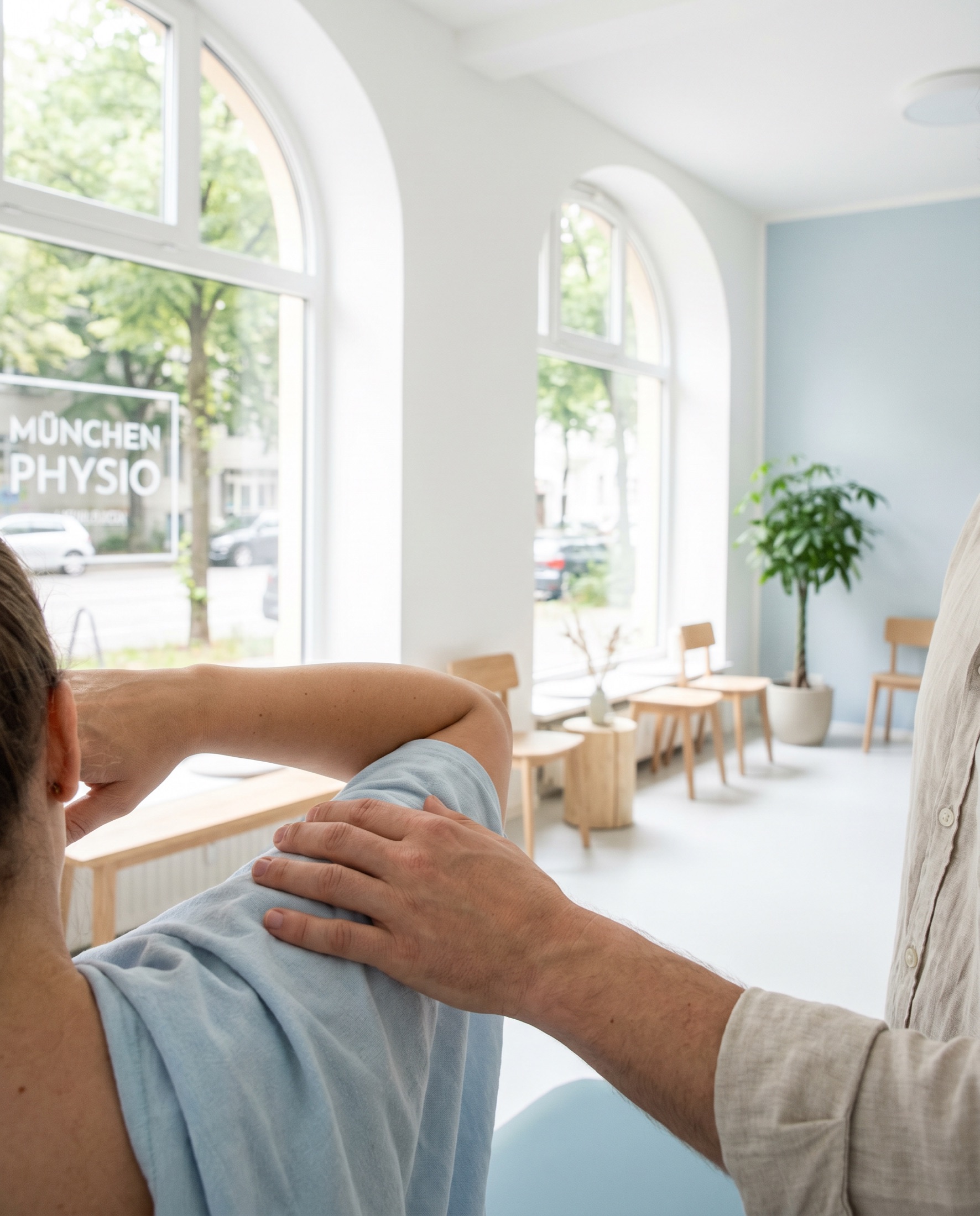 Physiotherapeutin behandelt die Schulter einer Patientin in der hellen Praxis von Thera Plus in München
