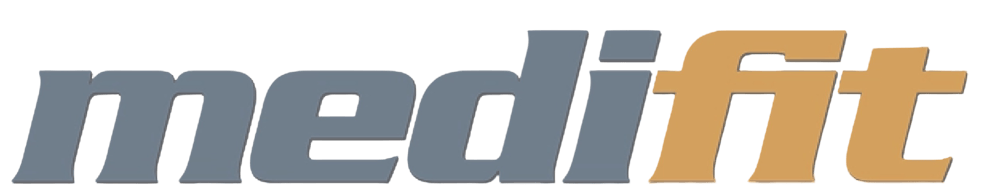 Der Schriftzug "mediFit" ist in Grau und Gold auf dunkelgrünem Hintergrund zu sehen.