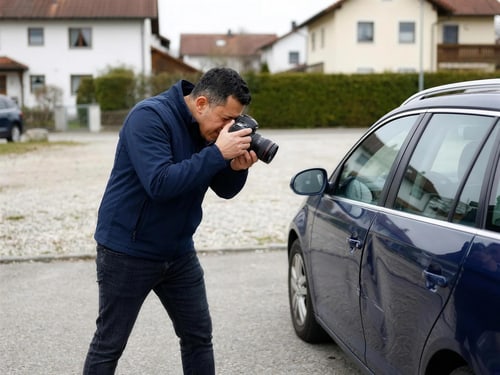KFZ-Gutachter fotografiert einen Türschaden an einem Fahrzeug in Erding