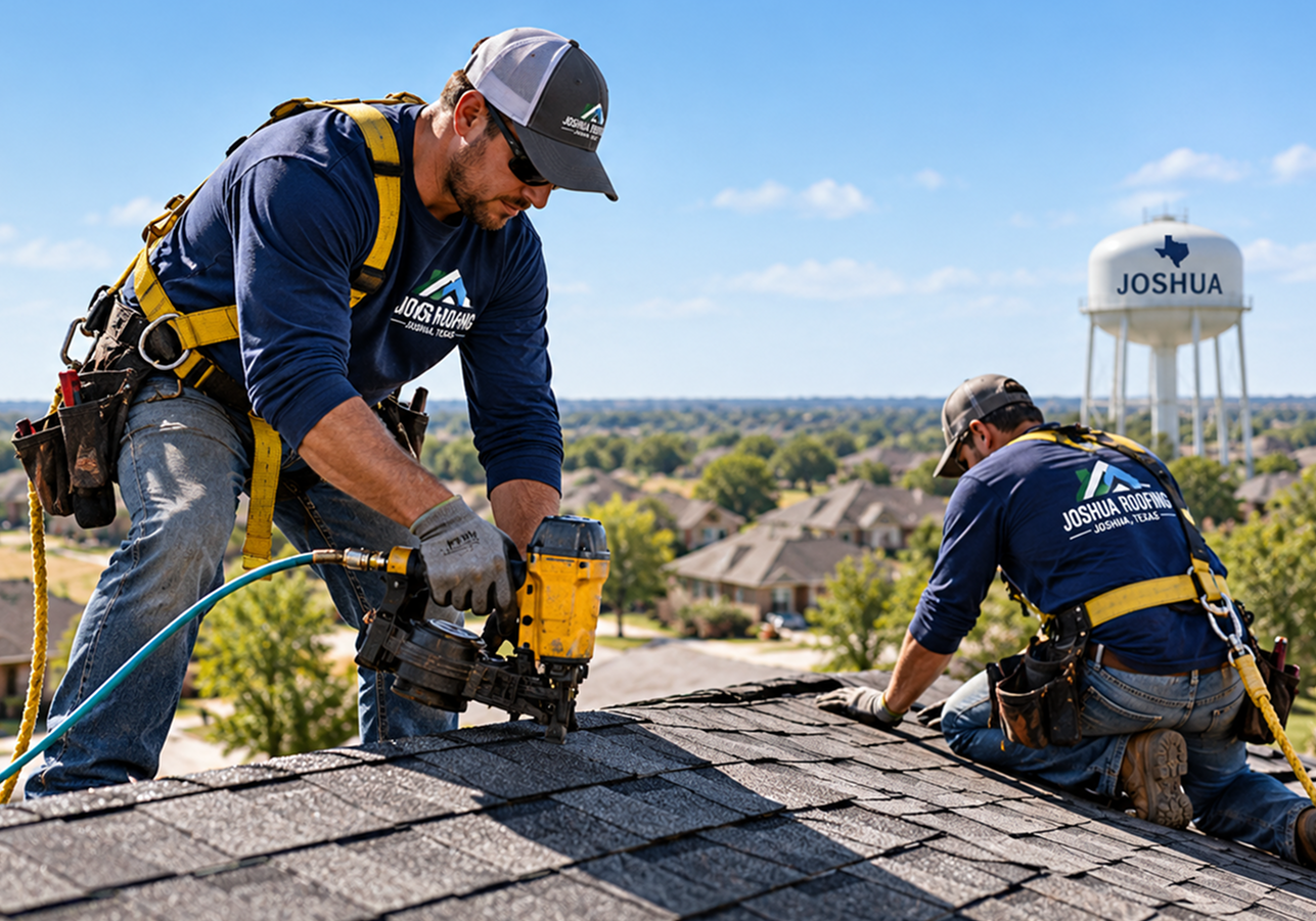 Two roofers working together on a residential roof