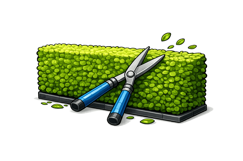 Heckenschere mit blauen Griffen schneidet eine grüne Hecke