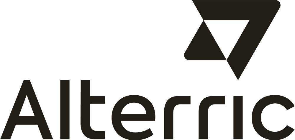 Alterric Logo mit schwarzem Text und einem stilisierten Dreieck als Symbol.