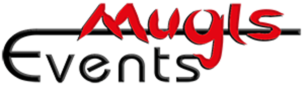 Logo mit roter, kursiver Schrift "Mugls" über schwarzem Text "Events".