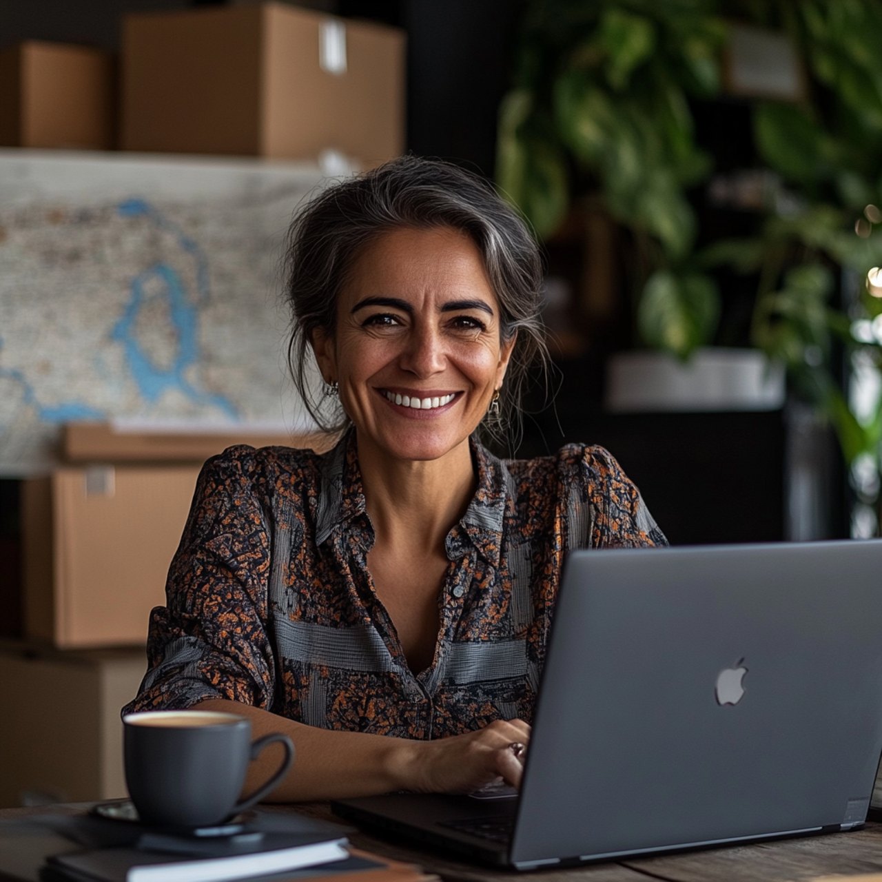 Smiling woman with grey hair sitting in front of a laptop, with boxes and a map in the background.