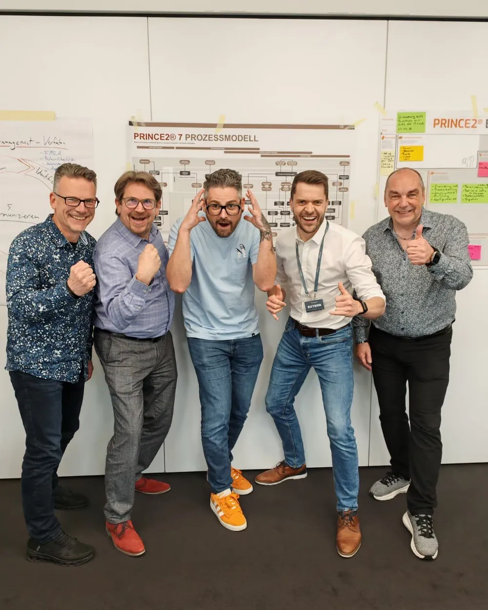 Gruppenfoto nach einem PRINCE2-Training, Nils Westrich mit vier Teilnehmern vor dem Prozessmodell