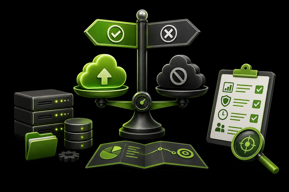 Waage mit Cloud-Symbolen neben Servern, Checkliste und Datendiagrammen als Sinnbild für die Abwägung zwischen eigenem Server und Cloud