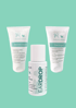 Drei Amamus Vet Produkte: DermCream, Dermgel und EarDrop auf mintgrünem Hintergrund.