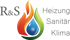 Logo mit orangefarbener Flamme, blauem Wassertropfen mit Schneeflocke, grüner Flamme und Text: R&S Heizung Sanitär Klima.