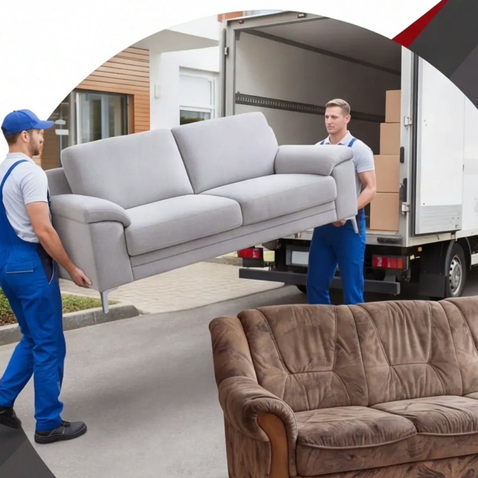 Monteure tragen die neue Couch hinein, die alte steht bereit zur Mitnahme