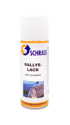 Schrass Rallye-Lack Sprühdose in Matt-Schwarz mit weißem Deckel vor schwarzem Hintergrund.