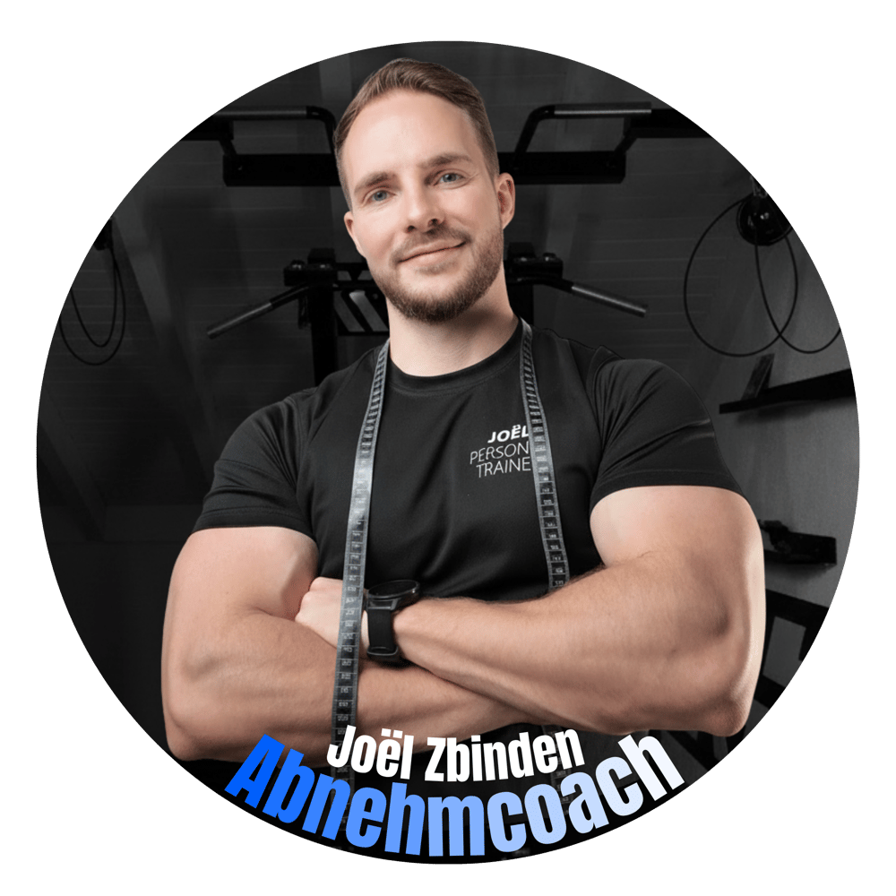 Coach Logo: Lachender Mann mit Bart, Joël Zbinden Abnehmcoach, in blauem Kreis mit Schweizer Flagge.