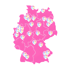 Deutschlandkarte in Pink mit farbigen Standortmarkierungen, die auf verschiedene Städte verteilt sind.