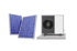 Zwei blaue Solarmodule und eine weiße Wärmepumpe mit schwarzem Lüfter stehen nebeneinander.