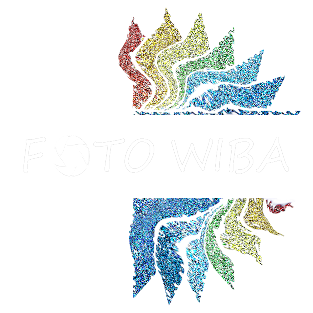 FOTO WIBA Logo mit einer Kamera-Blende im O und einem bunten, fächerförmigen Design.