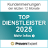 "Kundenmeinungen der letzten 12 Monate", "TOP DIENSTLEISTER 2025", "Mehr Infos" und "Proven Expert" auf einem Zertifikat.