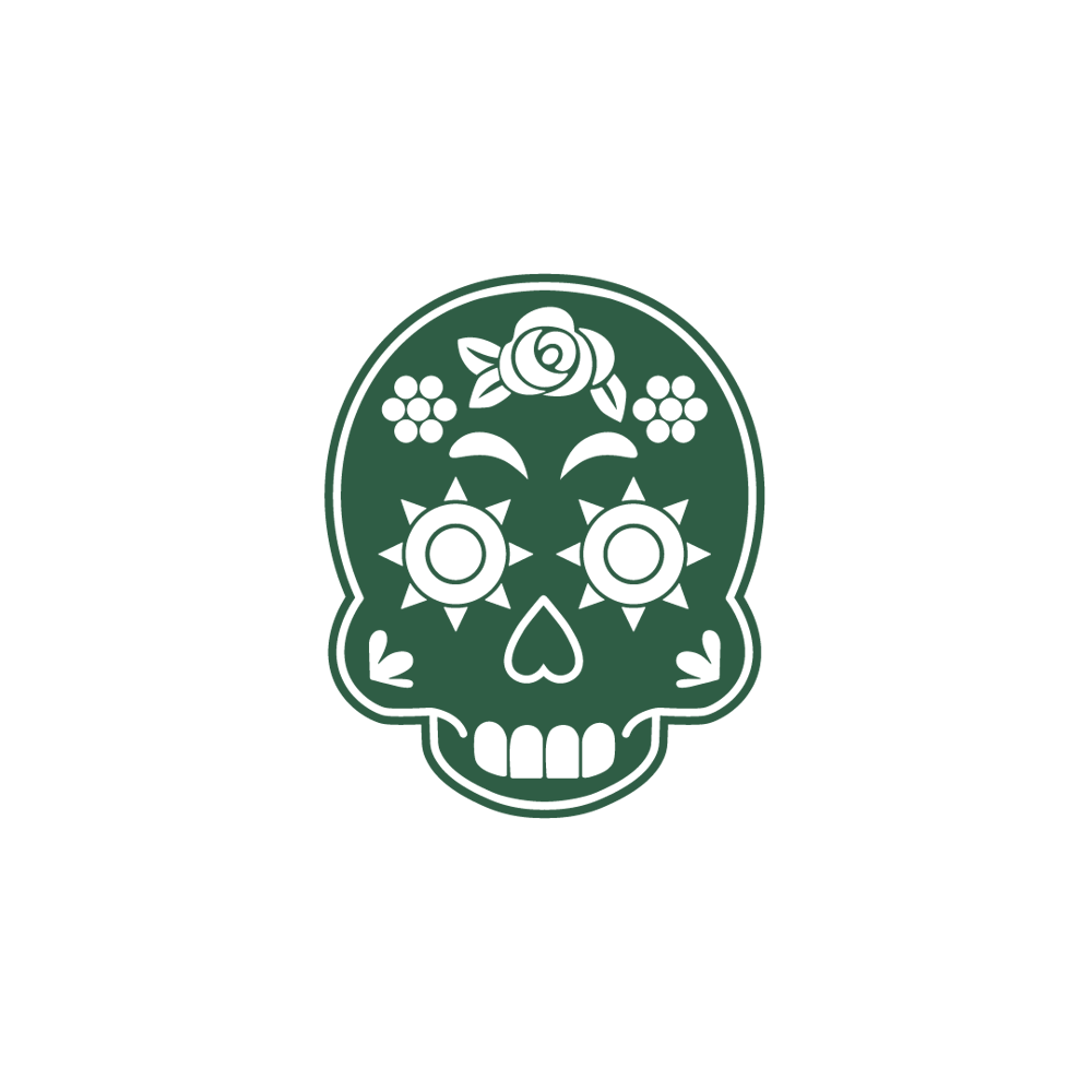 Weißer Totenkopf mit Blumen und Zahnrad, Text "ESTA LOCA LATINA IBIZA" auf grünem Hintergrund.