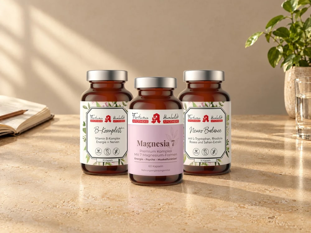 B-Komplett, MAGNESIUM 7 und Neuro Balance auf hellem Travertin mit Notizbuch, Wasserglas und Grünpflanze im Morgenlicht