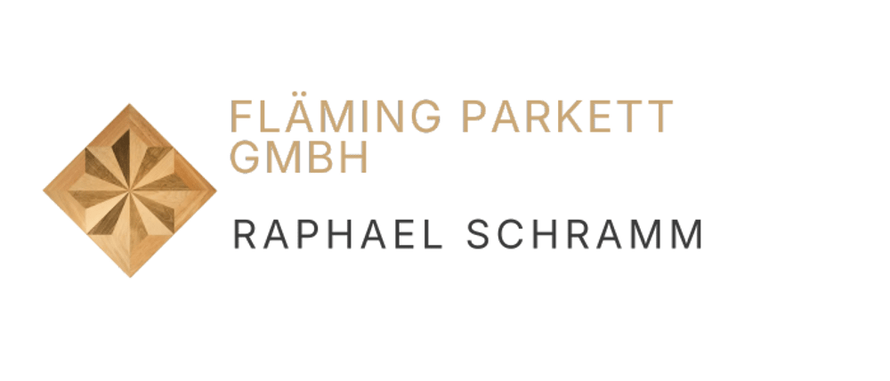 Logo: FLÄMING PARKETT GMBH, RAPHAEL SCHRAMM mit einem stilisierten Holzparkett-Muster.