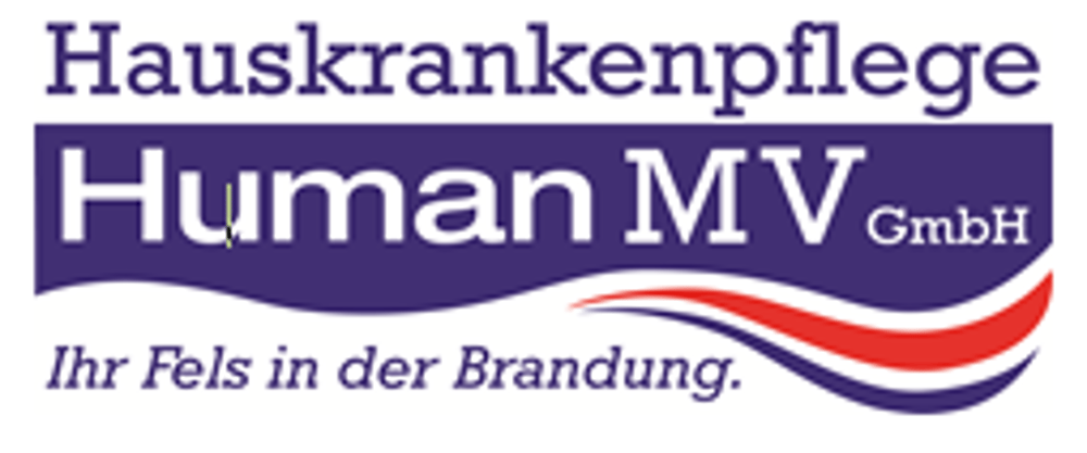 Logo von Hauskrankenpflege Human MV GmbH mit dem Slogan "Ihr Fels in der Brandung" und roten, blauen Wellen.