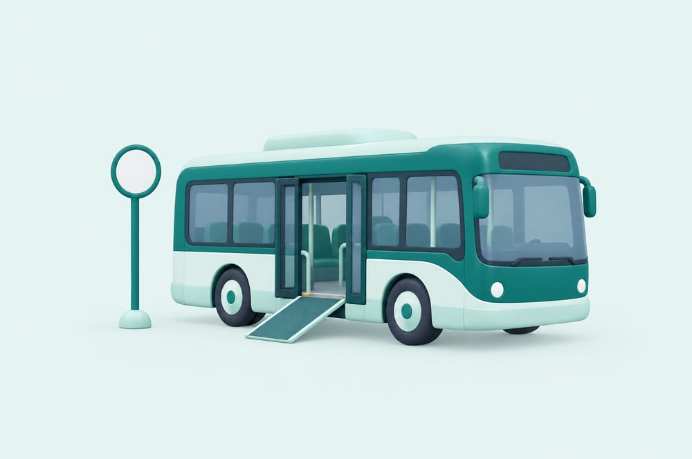 Illustration: Stadtbus mit ausgeklappter Rampe und Haltestelle