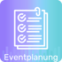 Checkliste mit drei angekreuzten Punkten und Büroklammer auf lila-blauem Hintergrund, Text: Eventplanung.