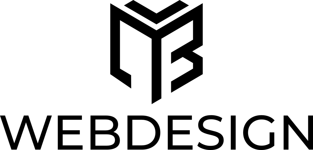 Logo mit den schwarzen Buchstaben „MB“ in geometrischer Form über dem Wort „WEBDESIGN“.