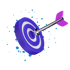 Videoproduktion TN Production - Dartpfeil trifft das Zentrum einer Zielscheibe mit violettem und weißem Muster und violettem Flügel über ein blauen kleck 