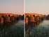 Die linke Seite zeigt eine alte Steinbrücke bei Sonnenuntergang; die rechte Seite zeigt dieselbe Brücke mit einem orangefarbenen Filter.