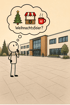 Strichmännchen vor einem Bürogebäude denkt an eine Weihnachtsfeier mit Tannenbaum, Marktstand und Glühwein.