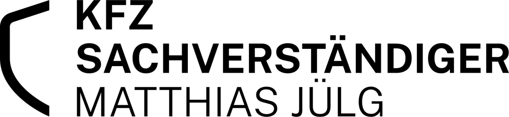 Schwarzer Text "KFZ SACHVERSTÄNDIGER MATTHIAS JÜLG" mit einem stilisierten Schutzschild-Symbol.