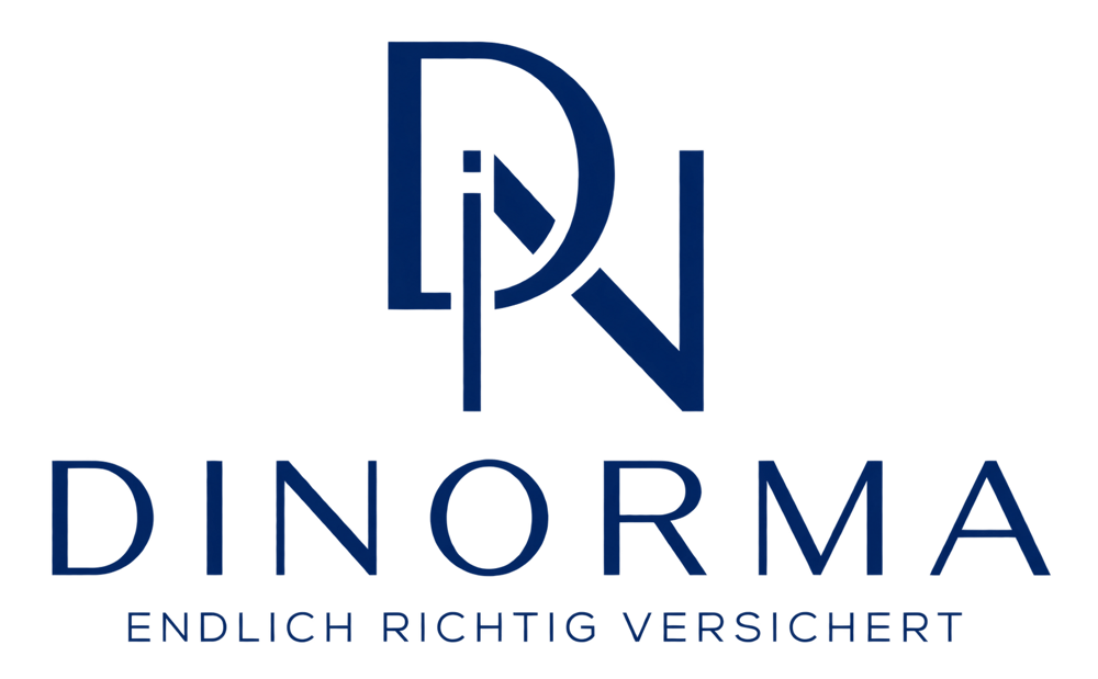 Dunkelblaues Dinorma Logo mit dem Slogan Endlich richtig versichert auf schwarzem Hintergrund.