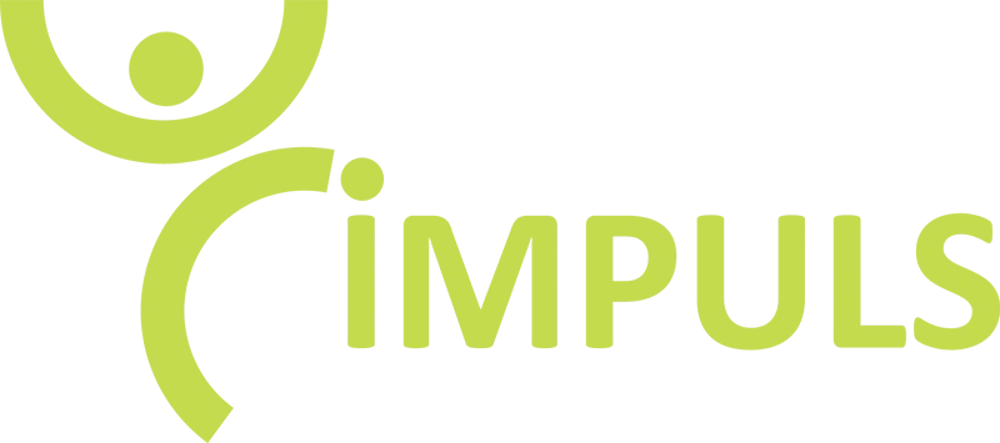 Grünes Impuls Logo mit einer stilisierten, dynamischen menschlichen Figur auf schwarzem Hintergrund.