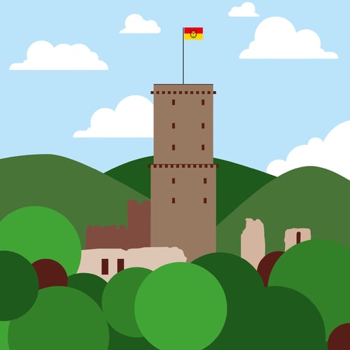 Illustration der Godesburg mit Bergfried und Fahne auf bewaldetem Hügel