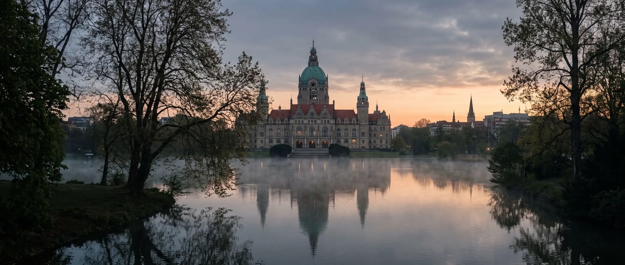 Panorama von Hannover am Morgen — das Neue Rathaus mit grüner Kuppel über dem Maschteich