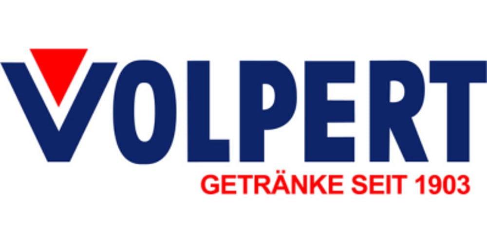 Volpert Logo mit blauem Schriftzug und rotem Dreieck, darunter "GETRÄNKE SEIT 1903" in Rot.