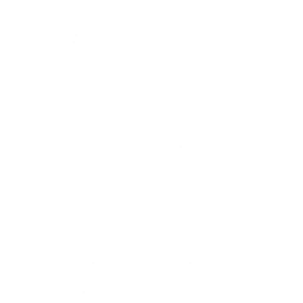 Weiße Gerechtigkeitswaage über dem Buchstaben H auf dunkelgrünem Hintergrund.