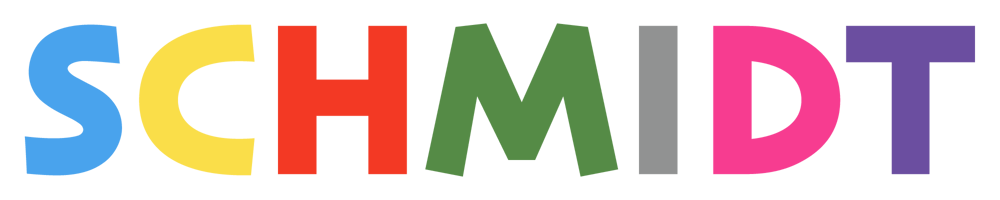 SCHMIDT-Logo mit bunten Großbuchstaben: S blau, C gelb, H rot, M grün, I grau, D pink, T lila.