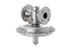 Ein metallischer Druckregler mit einem runden Gehäuse, Schrauben und Flanschanschlüssen.