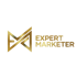 Goldenes abstraktes Logo mit den ineinander verschlungenen Buchstaben E und M neben dem Text "EXPERT MARKETER".