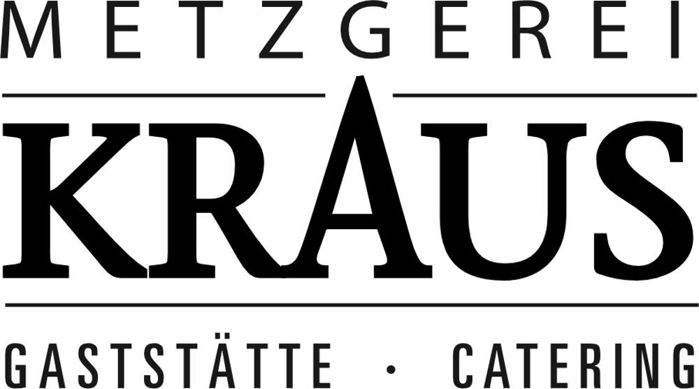 Schwarzes Logo mit Schriftzug "Metzgerei Kraus" über "Gaststätte • Catering" auf grünem Hintergrund.