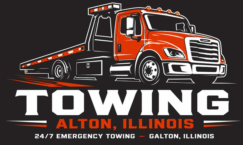 Orange flatbed tow truck logo with text: TOWING Alton, Illinois.