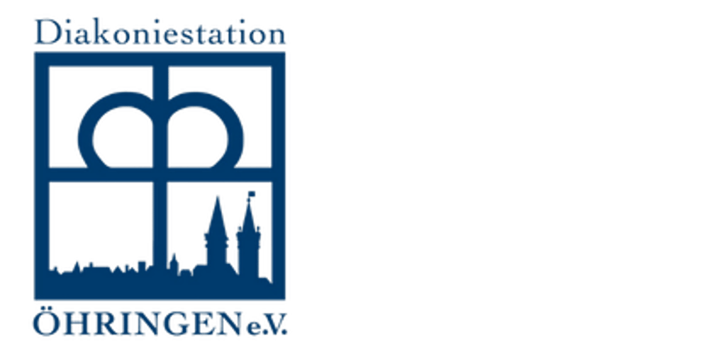 Dunkelblaues Logo mit Schriftzug "Diakoniestation ÖHRINGEN e.V.", stilisierter Brezel und Stadtsilhouette.