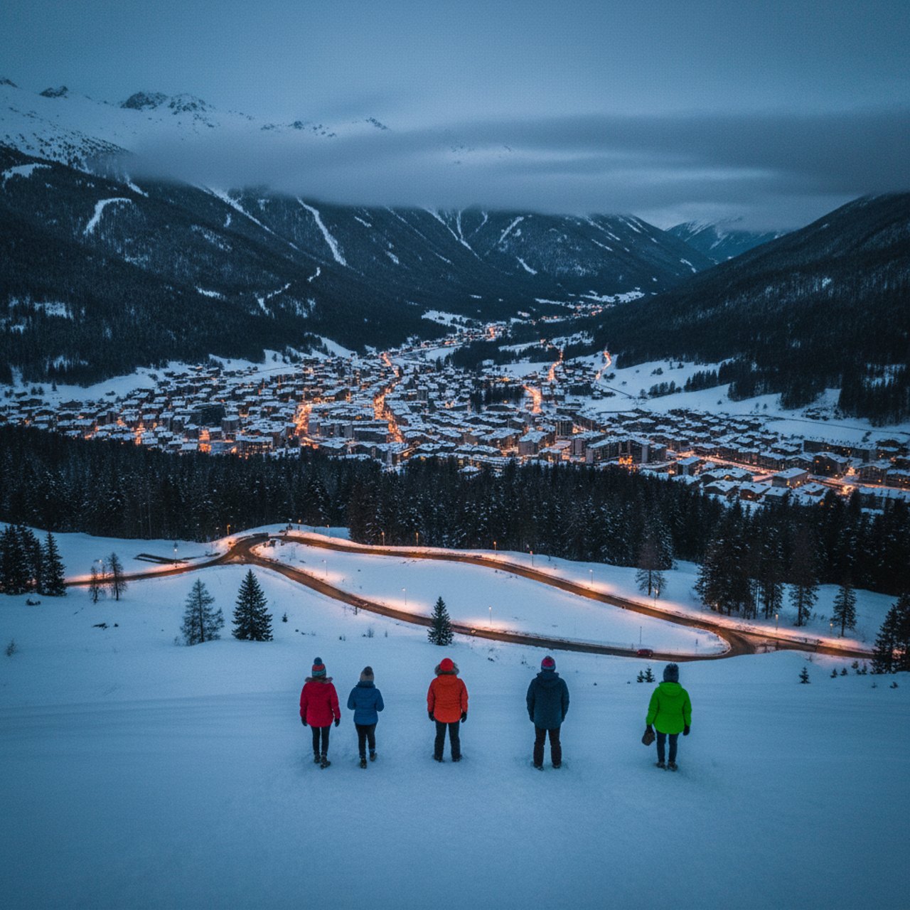 Winterliche Ansicht von Davos-Klosters zur blauen Stunde