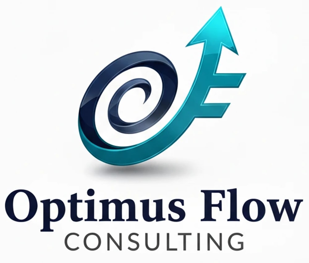 Optimus Flow Consulting Logo: Ein geschwungener blauer Pfeil, der nach oben rechts zeigt, mit dem Text "Optimus Flow Consulting".