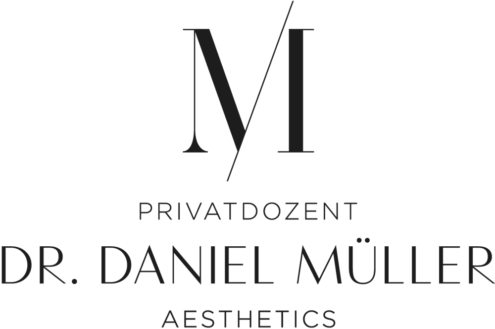 Logo: „M“ mit diagonalem Strich, darunter „PRIVATDOZENT DR. DANIEL MÜLLER AESTHETICS“.
